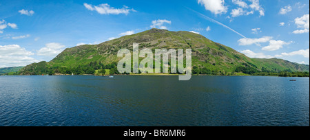 Panoramic view looking across Ullswater towards Place Fell in summer Cumbria Lake District National Park England UK United Kingdom GB Great Britain Stock Photo