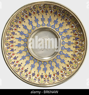 A cloisonné plate, Ivan Khlebnikov, Moscow 1877. Silver, gilt and enamelled. In the centre an engraved monogram 'DH', a master's mark in Cyrillic script 'Khlebnikov' and the Moscow mark of fineness for '88' Zolotniki with date '1877' on the bottom. Diameter 13.2 cm, Weight 173 g. historic, historical, 19th century, dishes, dish, plate, plates, object, objects, stills, clipping, clippings, cut out, cut-out, cut-outs, Stock Photo