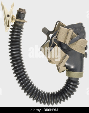 A type 'A1 10 6701' oxygen mask for fighter pilots., Black rubber, complete with tube, yellow zinc-plated attachment clamp, coupling, and straps. Suede lining. Maker 'byd'. Comes with a photo appraisal by the Weitze Company in Hamburg. historic, historical, 1930s, 1930s, 20th century, Air Force, branch of service, branches of service, armed service, armed services, military, militaria, air forces, object, objects, stills, clipping, clippings, cut out, cut-out, cut-outs, mask, masks, Stock Photo