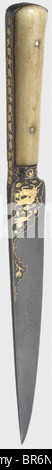 A gold-inlaid Persian kard, circa 1800. Sturdy single-edged blade of watered steel with a chiselled back. The base of the blade on both sides decorated with gold-inlay in floral and animal designs. Riveted faultless grip scales of crystalline walrus ivory. Length 31.5 cm. historic, historical, 19th century, Persian Empire, object, objects, stills, clipping, clippings, cut out, cut-out, cut-outs, thrusting, thrustings, blade, blades, melee weapon, melee weapons, hand weapon, hand weapons, handheld, weapon, arms, weapons, arms, Stock Photo