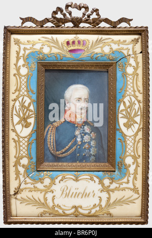 Gebhard Leberecht Fürst Blücher von Wahlstatt (1742 - 1819) - a miniature portrait, of the field marshal in great uniform with decorations. Gouache on ivory, signed on the lower right 'Girault 1838', dimensions 85 x 125 mm. Porcelain frame with bronze border and gold rocailles, broken in two places, frame size 19 x 29 cm, slightly domed glass. Amanda Girault de Saint Fargeau was a Paris-based miniature painter (cf. Thieme-Becker, vol. XIV, p. 178). people, 19th century, 18th century, Prussian, Prussia, German, Germany, militaria, military, object, objects, stil, Stock Photo