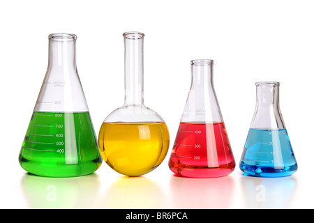 Laboratory glassware with reflections on table isolated over white background - With Clipping Path Stock Photo