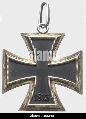 A Grand Cross of the Iron Cross 1939., Blackened iron core with rim-high swastika in a silver frame, maker's mark 'L/12' for Juncker and '800' mark of fineness stamped next to the eyelet. Suspension ring with slightly convex ends and '800' fineness mark. Dimensions 63.2 x 71.1 mm, weight 56.2 g. With a 55 mm wide ribbon section about 25 cm in length (Nie 7.03.01.2). The Grand Cross class of the Iron C historic, historical, 1930s, 1930s, 20th century, awards, award, German Reich, Third Reich, Nazi era, National Socialism, object, objects, stills, medal, decorati, Stock Photo