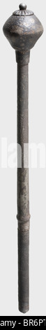 A Hungarian mace, 17th century. Hollow-worked, double conical striking head. On top a fullered cover plate with a short ball pommel. Slightly conical copper-soldered handle. Leather-covered grip with lightly fullered iron pommel. Metal surfaces show traces of corrosion in places. Two small rust holes on the striking head. Length 74 cm. historic, historical, 17th century, axe, ax, axes, ax, tool, tools, military, militaria, fighting device, object, objects, stills, battle ax, battle axe, poleaxe, battle axes, battle axes, poleaxes, clipping, cut out, cut-out, cu, Stock Photo