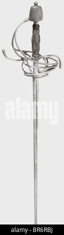 A German rapier, circa 1600. Slender thrusting blade of flattened hexagonal section and with fullers for half its length on both sides. Iron swept hilt with a small repair. Grip with iron wire winding and Turk's heads. Slightly conical grooved pommel. Length 102 cm. historic, historical, 17th century, sword, swords, weapons, arms, weapon, arm, fighting device, military, militaria, object, objects, stills, clipping, clippings, cut out, cut-out, cut-outs, melee weapon, melee weapons, metal, Stock Photo