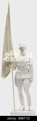 An SS flag bearer, design by Prof. Theodor Kärner, model number '42'. White, glazed porcelain. The bottom bears the artist's signature, model number and green underglaze manufacturer's mark 'SS Allach' denoting second quality. The flag and pole, the right arm incl. shoulder section and the dagger restored. Height 42 cm. A rare PMA custom version not intended for sale. historic, historical, 1930s, 1930s, 20th century, object, objects, stills, clipping, clippings, cut out, cut-out, cut-outs, Stock Photo