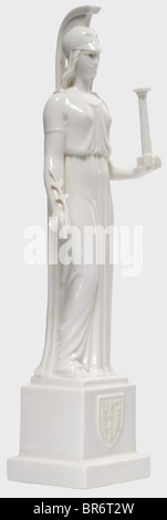 Pallas Athena, design by Prof. Theodor Kärner. White, glazed porcelain figure, the front side of the base bears the unglazed Munich city coat of arms, on the backside inscription 'Tag der Deutschen Kunst' (Day of German Art). The bottom of the base with green underglaze manufacturer's mark and impressed signature 'Prof. Th. Kärner'. Height 20,5 cm. Undamaged. In a black gift box with orange-coloured edges and the inscription 'München - Hauptstadt der Bewegung' (Munich - Capital of the Movement) with city coat of arms, orange-coloured velvet lining (slightly sta, Stock Photo