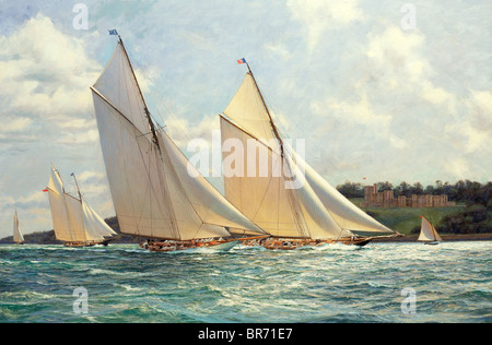 Britannia and Vigilant race past Norris Castle, Isle of Wight, 1894. Oil on canvas, 26' x 40', 1998. Private collection. Copyr Stock Photo