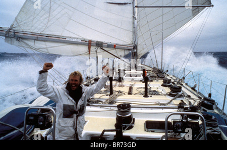 Magnus Olssen celebrates a new top speed in the Southern Ocean aboard Simon le Bon's maxi yacht 'Drum' during the Whitbread Roun Stock Photo