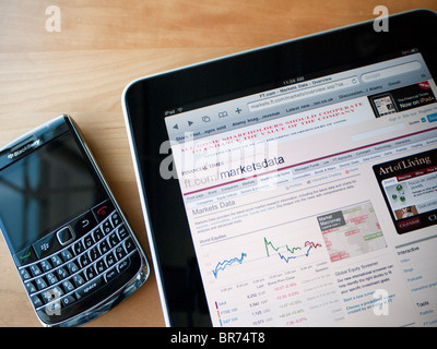 Detail of iPad tablet computer showing website of Financial Times newspaper markets section. Stock Photo