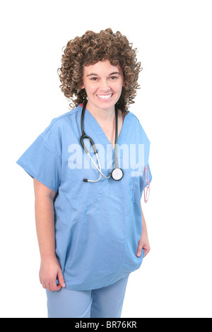 one fuzzy haired woman doctor with stethoscope and scrubs over white Stock Photo