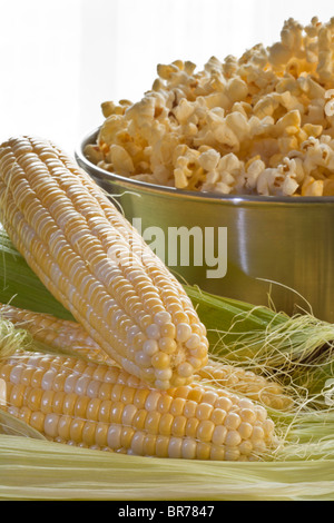 Fresh Ears of Corn and Bowl of Popcorn Stock Photo