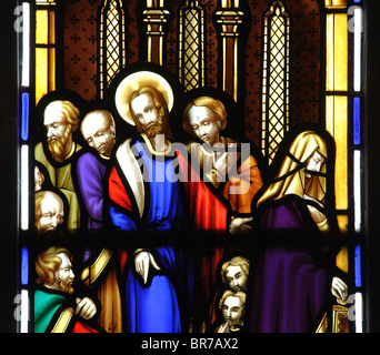 Pugin designed stained glass, St. John the Baptist Church, Wasperton, Warwickshire, England, UK Stock Photo