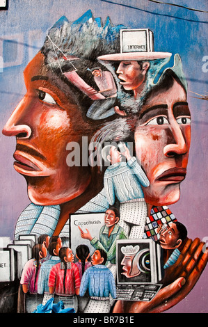 Indigenous iconography  a painted wall representing the Maya population and the modernity, San Juan La Laguna, Solola, Guatemala Stock Photo