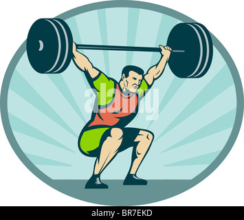 Weightlifter lifting heavy weights with sunburst in background done in retro style illustration Stock Photo