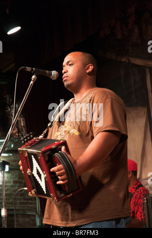 Louisiana, Eunice, Liberty Theater, Saturday night live music radio broadcast Corey Ledet Zydeco Band playing cajun accordion Stock Photo