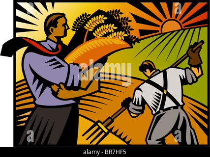 A businessman stands holding his harvested wheat, while a farmer works in the background