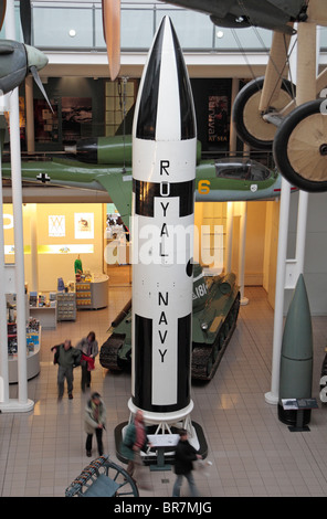 A black & white Royal Navy Polaris Nuclear missile standing in the main hall of the Imperial War Museum, London, UK. Stock Photo