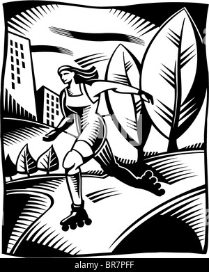 A black and white illustration of a woman rollerblading in a park Stock Photo