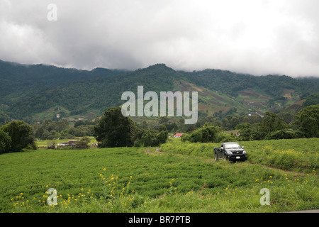 Landscape view of farming highlands at Cerro Punta, Chiriqui, Panama.  The far mountains are the Central Mountain Chain. Stock Photo