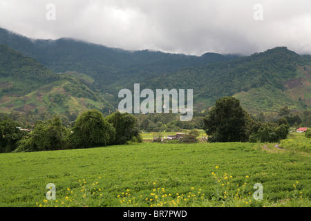 Landscape view of farming highlands at Cerro Punta, Chiriqui, Panama.  The far mountains are the Central Mountain Chain. Stock Photo