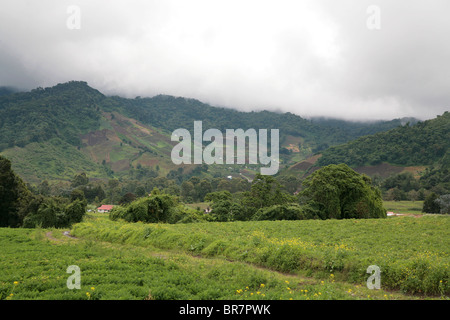 Landscape view of farming highlands at Cerro Punta, Chiriqui, Panama.  The far mountains are the Central Mountain Chain. Stock Photo