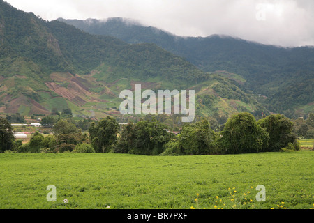 Landscape view of farming highlands at Cerro Punta, Chiriqui, Panama.  The far mountains are the Central Mountain Chain. Stock Photo