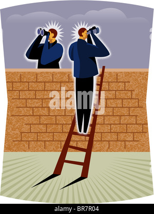 A man climbing a ladder and looking through binoculars Stock Photo