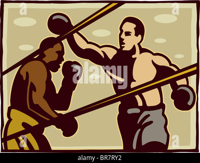 Boxers during a fight in a boxing ring Stock Photo