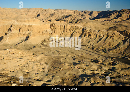 Aerial view of Deir el Bahri and tombs, West Bank, Luxor, Egypt Stock Photo