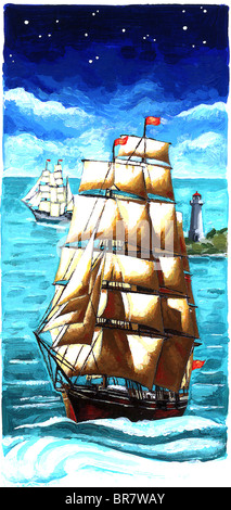 Illustration of tall ships at sea Stock Photo