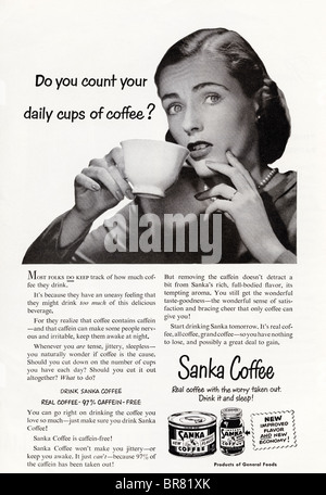 American magazine black and white advert for caffein free Sanka Coffee circa 1950 Stock Photo