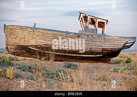 Disused wooden fishing boat, Dungeness, Kent, England. Stock Photo