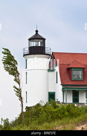 Lake Michigan at MI in USA US Great Lakes White Lighthouse with a sand ...