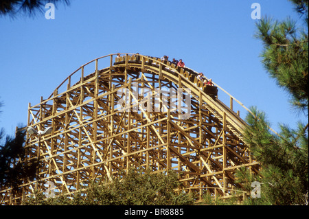 wooden roller coaster Knott's Berry Farm Buena Park California USA theme park thrill ride carnival speed scare scary fast high Stock Photo