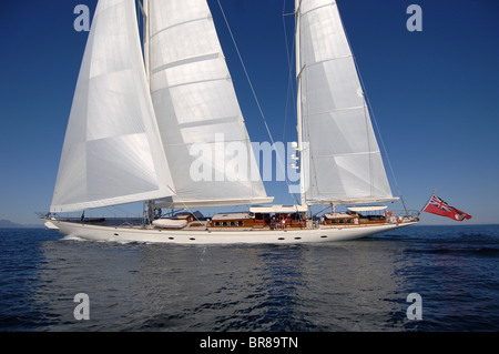 180ft Superyacht "Adele" sailing in Norway's scenic Lofoten Islands in the Arctic Circle. Stock Photo
