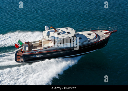 Portland 55 motoryacht, built by Abati yachts, cruising the Mediterranean. Tuscany, Italy. Stock Photo
