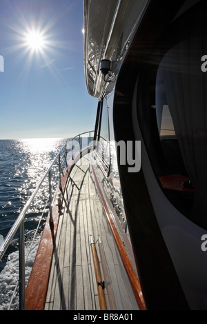 Portland 55 motoryacht, built by Abati yachts, cruising the Mediterranean. Tuscany, Italy. Stock Photo
