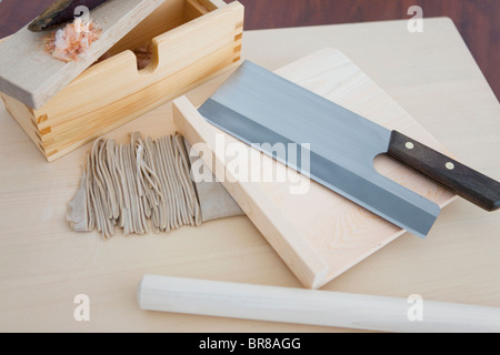 Soba noodles and died bonito on grater Stock Photo