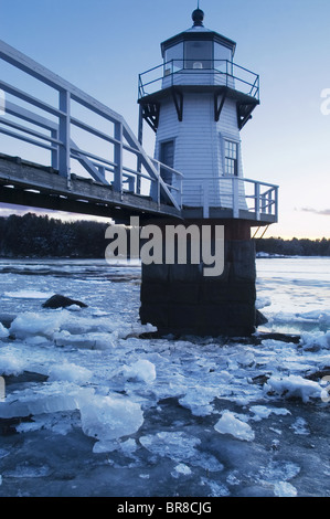 Doubling Point Lighthouse on the Kennebec river near Bath Maine in the winter. Stock Photo