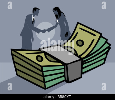 A businessman and businesswoman shaking hands in front of a bundle of paper money Stock Photo