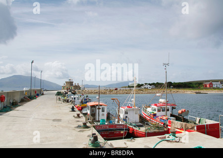 Blacksod pier with blacksod lighthouse in the background, The Erris Peninsula, Co. Mayo, Ireland Stock Photo