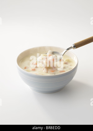Bowl of chowder, white background Stock Photo