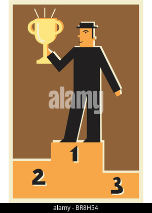 A man standing on the podium with the first place trophy Stock Photo