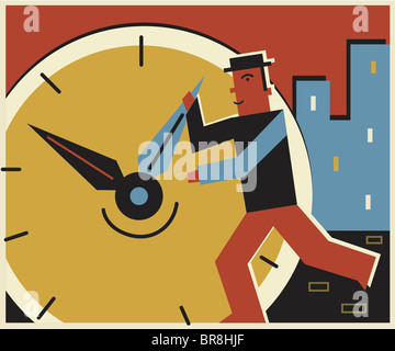 A man changing the time on a clock Stock Photo