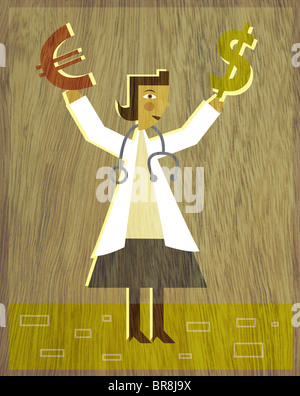 A physician holding a Dollar sign in one hand and a Euro sign in the other Stock Photo