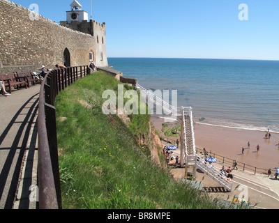 Jacob's Ladder and the Castle wall at Sidmouth a Devon coastal town, August Stock Photo