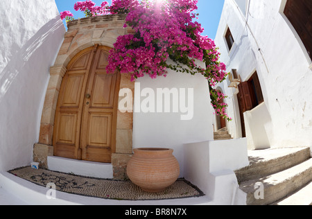 Flower Pots Outside Classic Villa  In Lindos Rhodes Greek Islands Greece Hellas Stock Photo