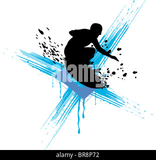 An illustration of a man surfing on a surfboard Stock Photo