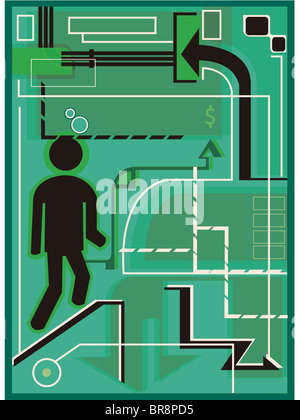 A drawing of a man climbing the corporate ladder on a green background Stock Photo